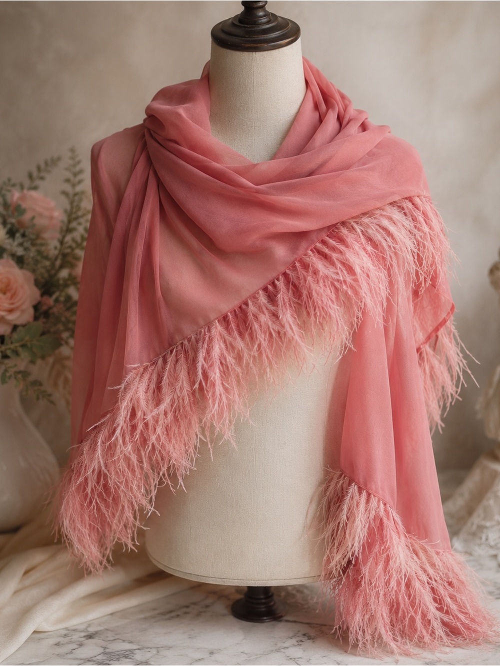 Stunning Pink Silk Chiffon Feather Trim Evening Wrap/Scarf